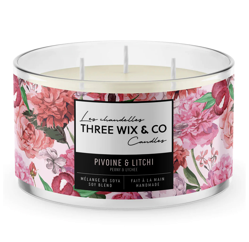 Chandelle de soya - Pivoine & Litchi - Three Wix & Co